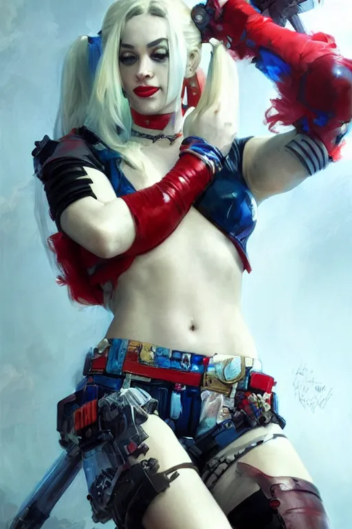 Prompt: portrait of Harley Quinn, dc comics, cyberpunk, Warhammer 40000, digital art from artstation by Ruan Jia and Mandy Jurgens and Artgerm and william-adolphe bouguereau