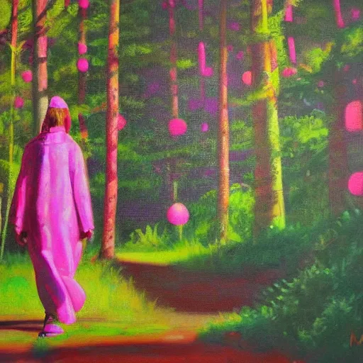 Image similar to a pink mage walking through a lush psychedelic forest, oil painting, by martin wiegand