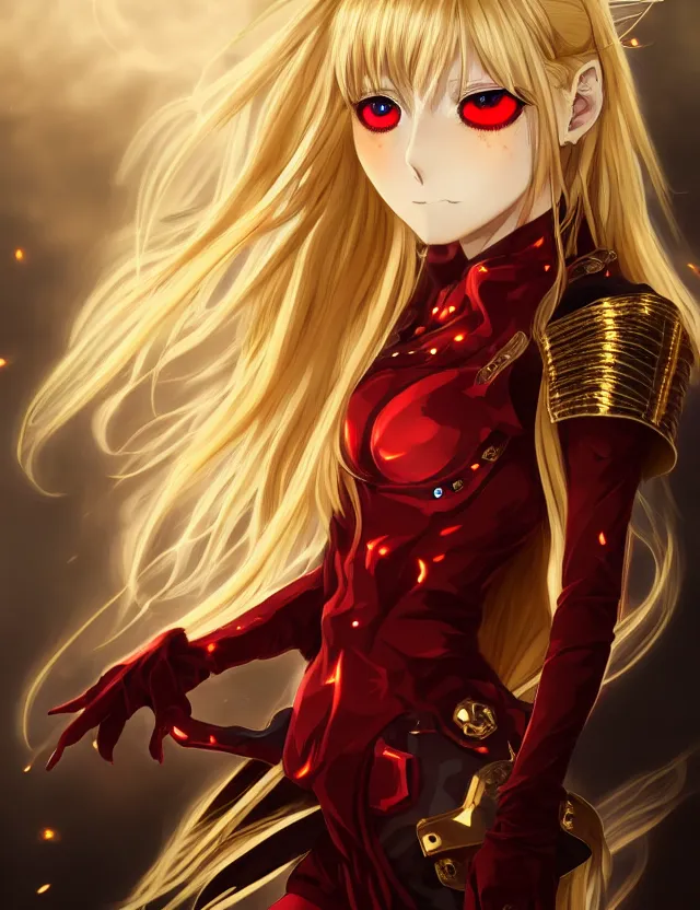 Image similar to an anime portrait of a blonde vampire girl with glowing red eyes in gold plated armour, trending on artstation, digital art, 4 k resolution, detailed, high quality, sharp focus, hq artwork, coherent, insane detail