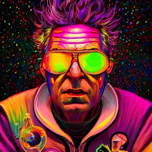 Image similar to Rick Sanchez an extremely psychedelic experience, colorful, surreal, dramatic lighting, cosmonaut, LSD, face, detailed, intricate, elegant, highly detailed, digital painting, artstation, concept art, smooth, sharp focus, illustration, art by Sam Spratt, Dan Mumford, Artem Demura and Alphonse Mucha