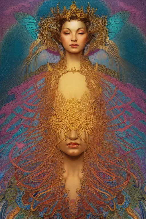 Image similar to portrait of an eleven queen with lace wings by artgerm, mandala, rococo, vivid color, complementary color, golden ratio, detailed, sharp lines, sharp focus, intricate, rainbowshift, by maxfield parrish, by peter mohrbacher, by gustave dore, by alphonse mucha, deviantart, octane render