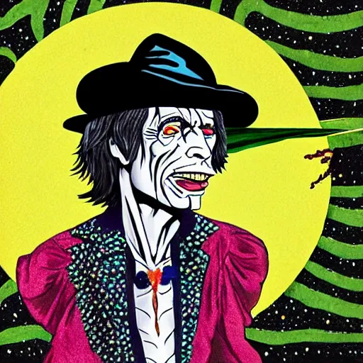 Image similar to mick jagger wearing a voodoo hat and a black cape, art by meow wolf