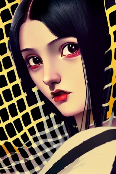 Prompt: mysterious girl with her long black hair dressed in a chequered robe anime art style, digital art by ilya kuvshinov, inspired by balthus, hd, 4 k, hyper detailed