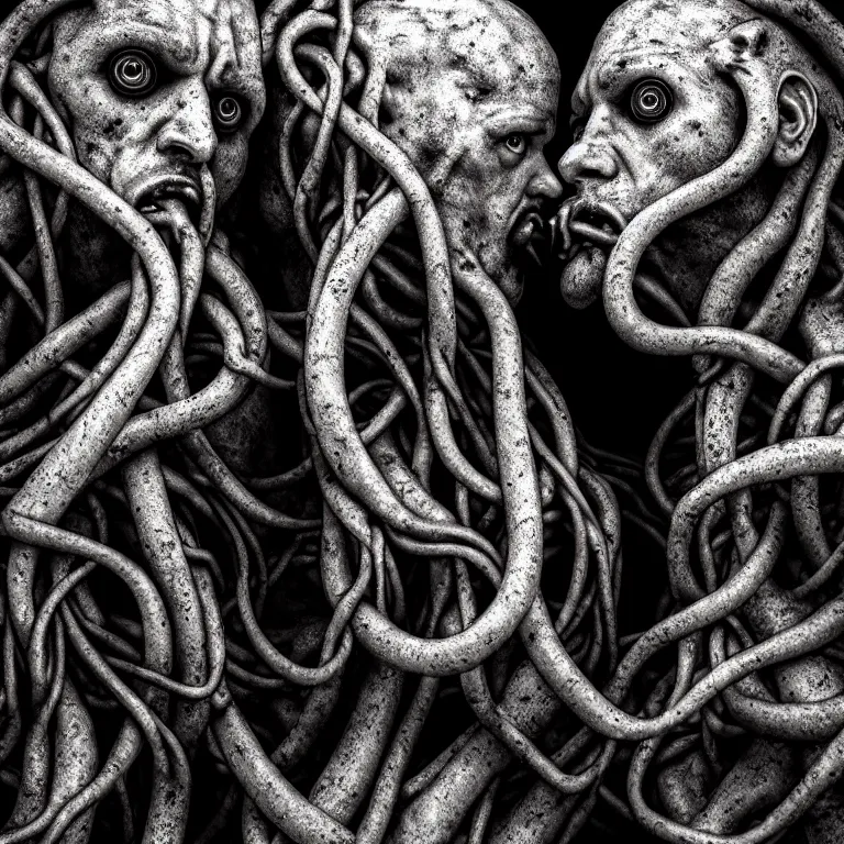 Image similar to portrait closeup on faces of abandoned sculpture of two kissing ribbed muscular men, covered with tentacles, roots, wires, tubes, baroque painting, standing in a desolate empty wasteland, creepy, nightmare, dream-like heavy atmosphere, dark fog, surreal abandoned buildings, baroque painting, beautiful detailed intricate insanely detailed octane render trending on Artstation, 8K artistic photography, photorealistic, volumetric cinematic light, chiaroscuro, Raphael, Caravaggio, Beksinski, Giger