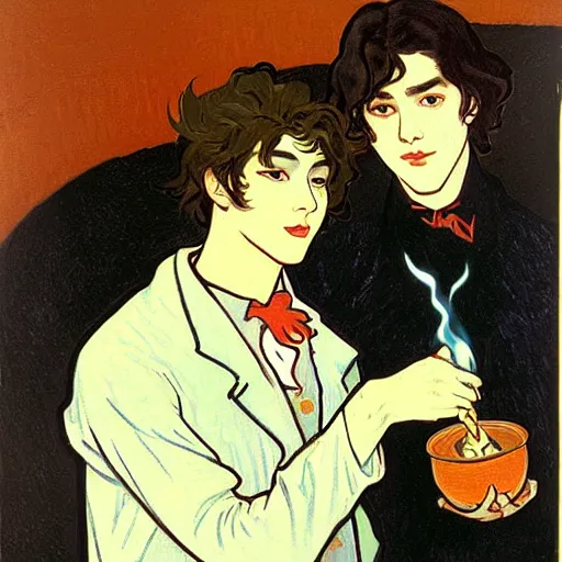 Image similar to painting of young cute handsome beautiful dark medium wavy hair man in his 2 0 s named shadow taehyung and cute handsome beautiful min - jun together at the halloween! party, bubbling cauldron!, candles!, smoke, autumn! colors, elegant, wearing suits!, clothes!, delicate facial features, art by alphonse mucha, vincent van gogh, egon schiele