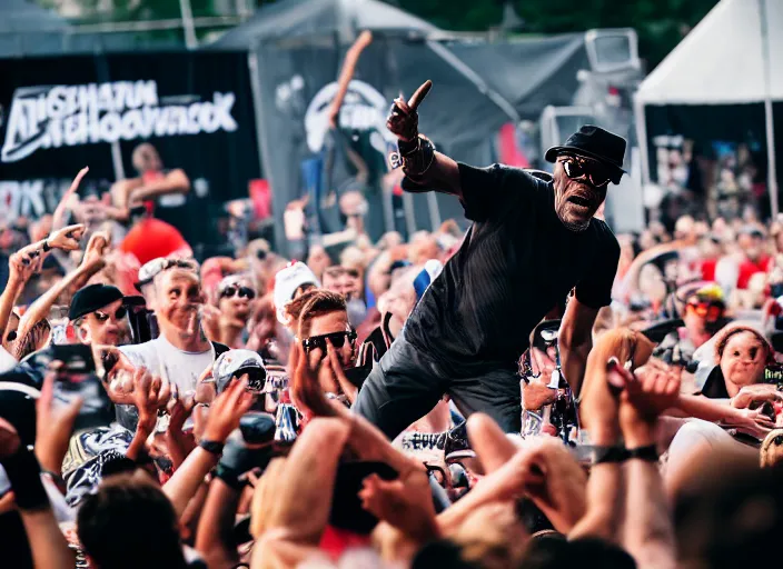 Image similar to photo still of samuel l jackson on stage at vans warped tour!!!!!!!! at age 3 3 years old 3 3 years of age!!!!!!!! stage diving into the crowd, 8 k, 8 5 mm f 1. 8, studio lighting, rim light, right side key light