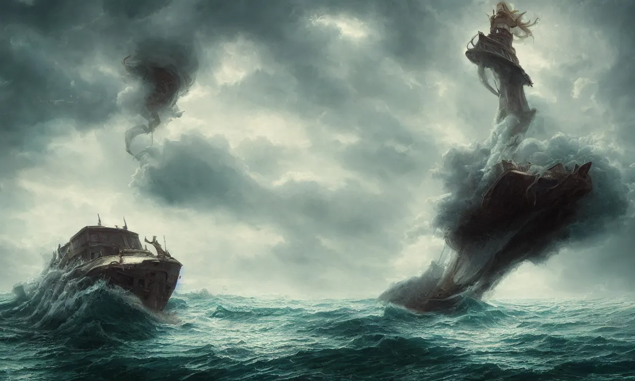 Prompt: breathtaking detailed soft painting of an empty drunk ship with mystical horrors, bathing in dreaming lactescent sea, alcohol with blue delirium skies, water drowned hurrican, elegant, highly detailed, artstation, concept art, matte, sharp focus, art by tom bagshaw, and greg rutkowski