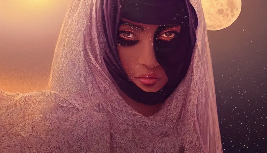 Image similar to Portrait of very very very very very very beautiful Arab woman wearing a Niqab, glowing magical eyes, energy trails, under giant full moon in the desert, intricate, elegant, highly detailed, digital painting, artstation, concept art, smooth, sharp focus, illustration, art by artgerm and greg rutkowski and alphonse mucha