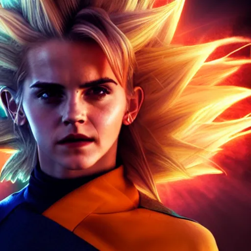 Prompt: face photo of emma watson as super saiyan as goku powering up wearing hoodie electric energy dramatic lighting by annie leibovitz