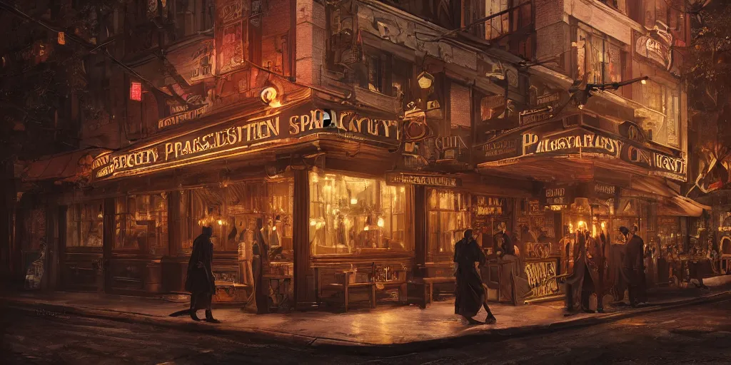 Prompt: prohibition era speakeasy by marc adamus, beautiful dramatic lighting, 8 k illustration, golden hour intricate, richly detailed, photorealistic imagery, artstation render inspired by victo ngai