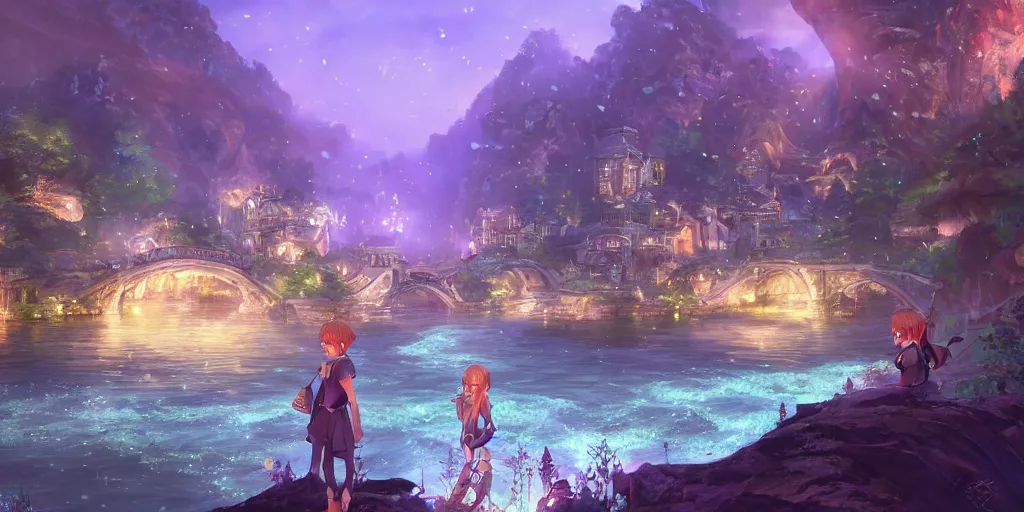 Image similar to beautiful and immersive magical town, magical buildings, bioluminescent forest surrounding, gentle rivers flowing through town, visual novel key visual, award - winning digital art on pixiv, trending on artstation - cinematic lighting, dramatic lighting, stunning and beautiful view - highly detailed, hyperrealistic, unreal engine 5, in the style of kingdom hearts