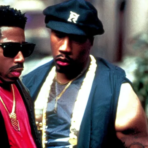 Image similar to a film still from new jack city. scene with nino brown and g - money. tupac shakur as g - money