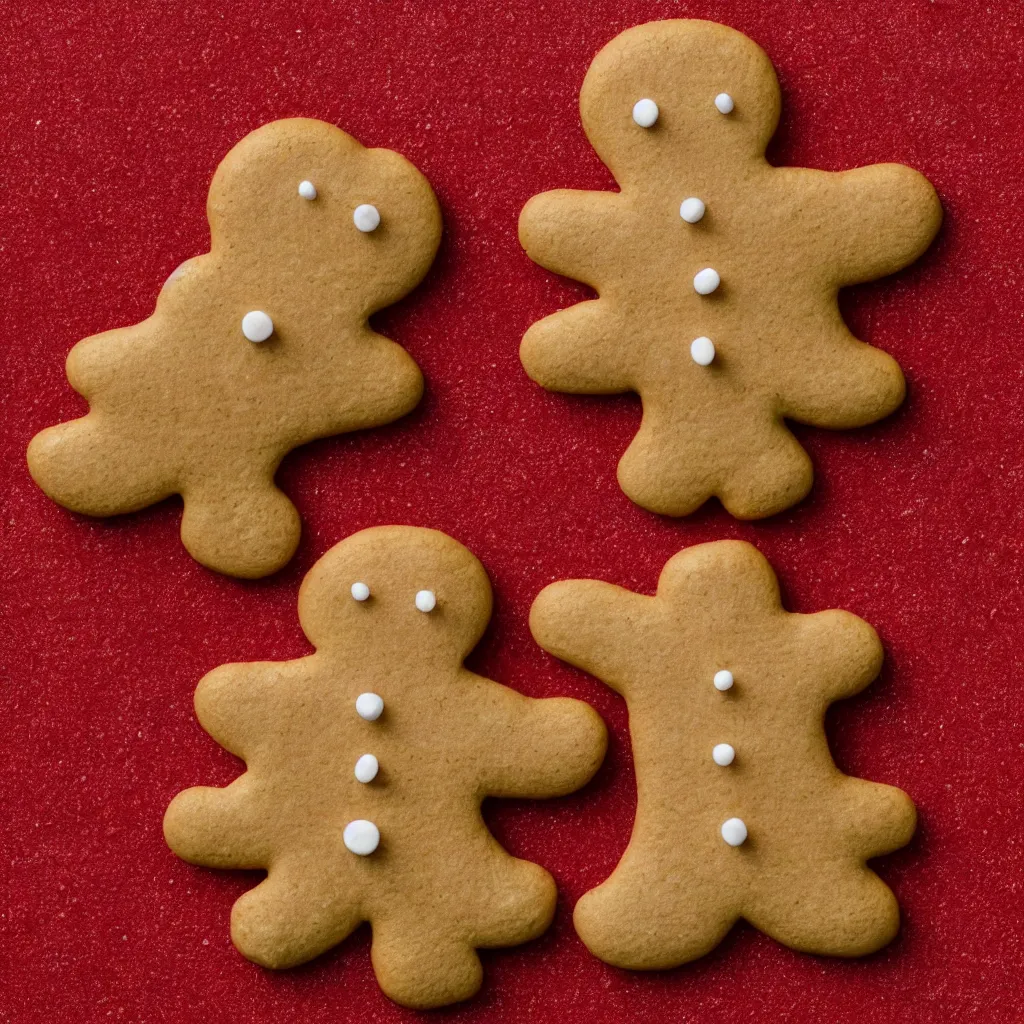 Image similar to top-down view of a cute gingerbread man on top of a red surface, 8k, high detail, photorealistic, proper shading