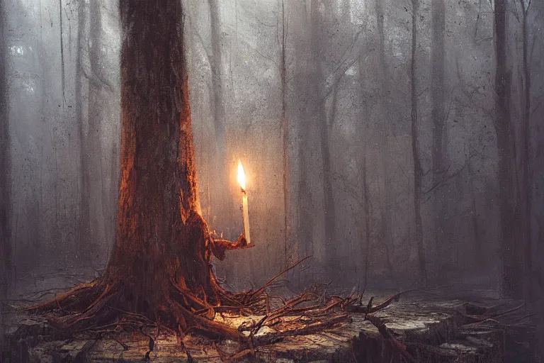 Prompt: matte painting of a lit candle in a dead stump of a tree, by jeremy mann and greg rutkowski, intricate cinematic light, oil on canvas