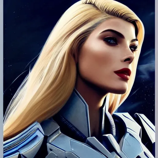 Image similar to A combination of Adriana Dxim's and Grace Kelly's and Ashley Greene's appearances with blonde hair wearing Forerunner armor from Halo, high tech, action shot, angular, full body portrait, futuristic, dramatic, fantasy, intricate, elegant, highly detailed, artstation, matte, sharp focus, 8K, art by Artgerm and Greg Rutkowski and Alphonse Mucha