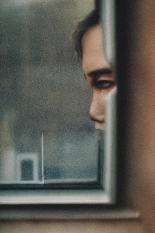 Image similar to kodak portra 4 0 0 photograph of a person looking out through their window, eyes, beautiful eyes, stunning eyes, close up, telephoto, faded effect, grain,