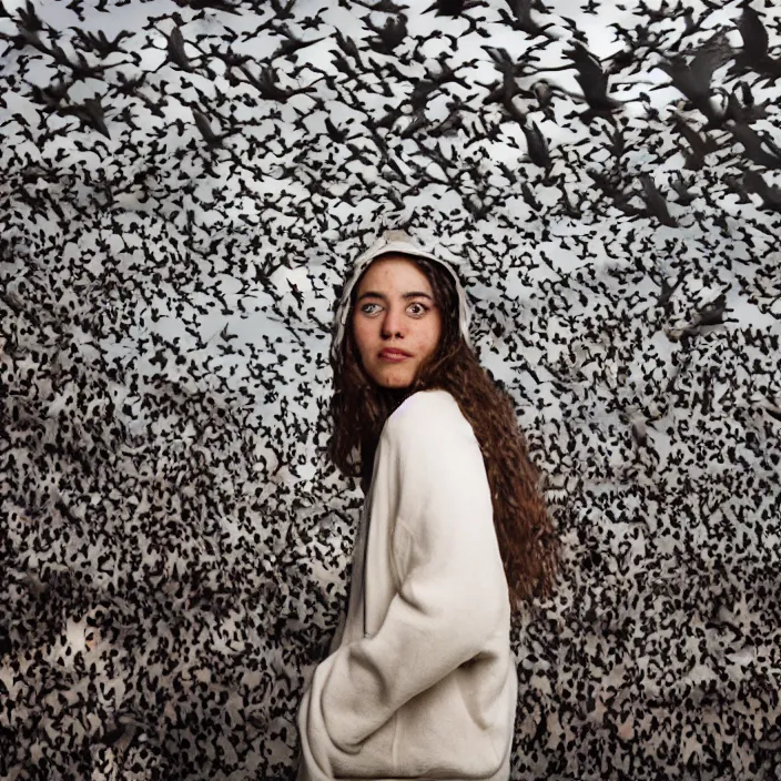 Prompt: a closeup portrait of a woman wearing a hood made of birds, in an abandoned theme park, by helen warner, canon eos c 3 0 0, ƒ 1. 8, 3 5 mm, 8 k, medium - format print