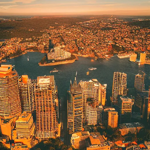 Prompt: “a drone shot of Sydney dappled in sunset. Duo tone orange and blue photography, 35mm”