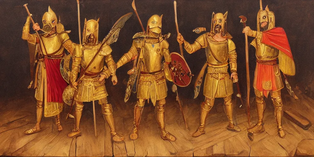 Prompt: Detailed painting of three warriors gathered around a large wooden table. They wear golden cloaks;