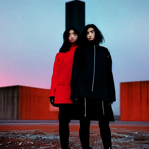 Prompt: cinestill 5 0 d photograph of 2 women wearing black techwear in front of a brutalist sharp - edged metal building, on a desolate plain, red eerie sky, sigma 8 5 mm f / 1. 4, 4 k, depth of field, high resolution, highly detailed, 4 k, 8 k, hd, full color