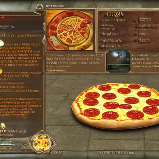 Image similar to pizza hut promotional crossover pizza shield retrieval side quest skyrim video game screenshot the elder scrolls