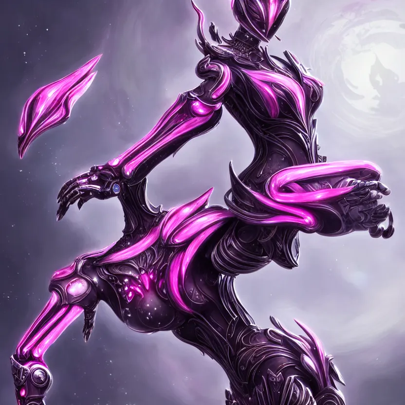 Image similar to highly detailed exquisite fanart, of a beautifulfemale warframe, but as an anthropomorphic robot dragon, shiny white silver armor engraved, Fuchsia skin beneath the armor, sharp claws, long tail, robot dragon hands and feet, elegant pose, close-up shot, full body shot, epic cinematic shot, professional digital art, high end digital art, singular, realistic, DeviantArt, artstation, Furaffinity, 8k HD render