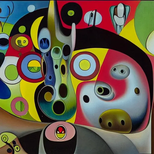 Image similar to Oil painting by Roberto Matta. Strange mechanical beings kissing. Close-up portrait by Takashi Murakami. Yves Tanguy. Dali.