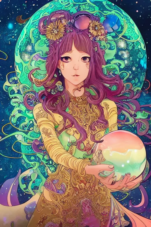 Image similar to psychedelic, intricate, highly detailed, anime, 4k, beautiful seductive slime girl holding a huge orb containing the universe, with professional makeup, long trippy hair, surrounded by gems, underneath the stars, trending on patreon, deviantart, twitter, artstation, volumetric lighting, heavy contrast, by artgerm and Ilya Kuvshinov and alphonse mucha, interstellar galaxy