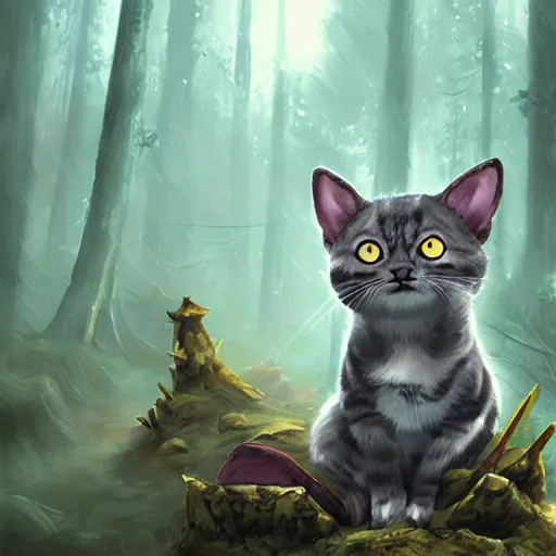 Image similar to portrait of a grey american shorthair cat as teemo from league of legends, digital painting, dystopian forest background by marc simonetti, artwork by ross tran + ramond swanland + liam wong