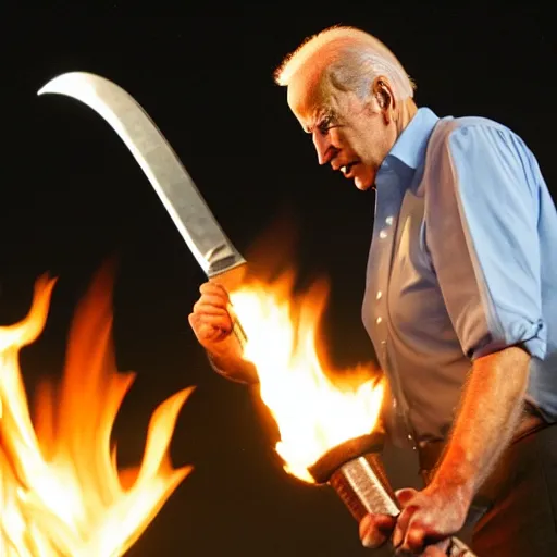 Prompt: Joe Biden wielding a flaming sword