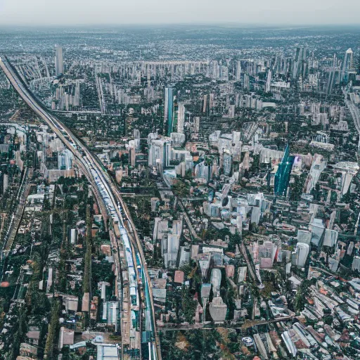 Image similar to futuristic urban decay overgrown cityscape photo shot from helicopter ultradetailed 8 k