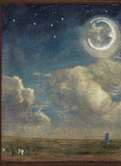 Image similar to night sky, stars, moon prominently in the center, surrounded by clouds, landscape, illustrated by peggy fortnum and beatrix potter and sir john tenniel