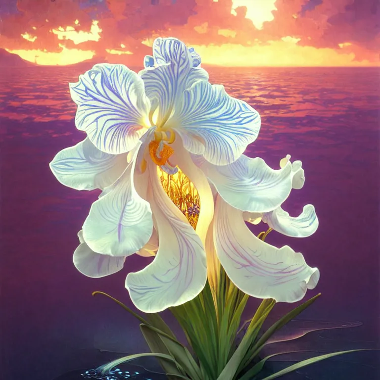 Prompt: detailed giant white holographic orchid iris hybrid flower surrounded by waves, lsd water, lsd ripples, droplets, backlit, sunset, refracted lighting, art by collier, albert aublet, krenz cushart, artem demura, alphonse mucha