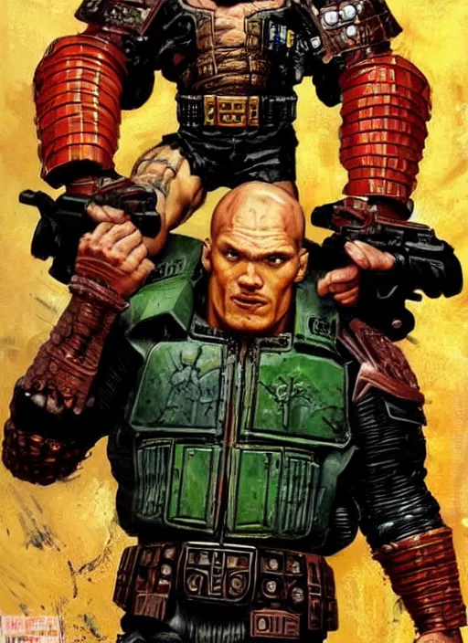 Prompt: full body and head portrait of martyn ford as judge dredd running from the thing, dynamic action, painted by norman rockwell and phil hale and greg staples and tom lovell and frank schoonover and jack kirby