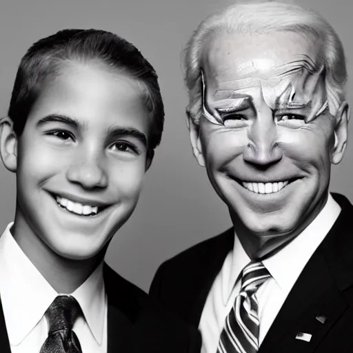 Image similar to A portrait photo of joe biden teams up with a teenage joe biden, perfect faces, 50 mm, award winning photography