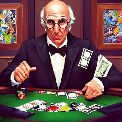 Prompt: larry david playing poker while wearing a batman costume and tripping on lsd, money, poker, cards, larry david, curb, elegant, intricate, digital painting, artstation, concept art, smooth, sharp focus, illustration, art by artgerm and greg rutkowski and alphonse mucha