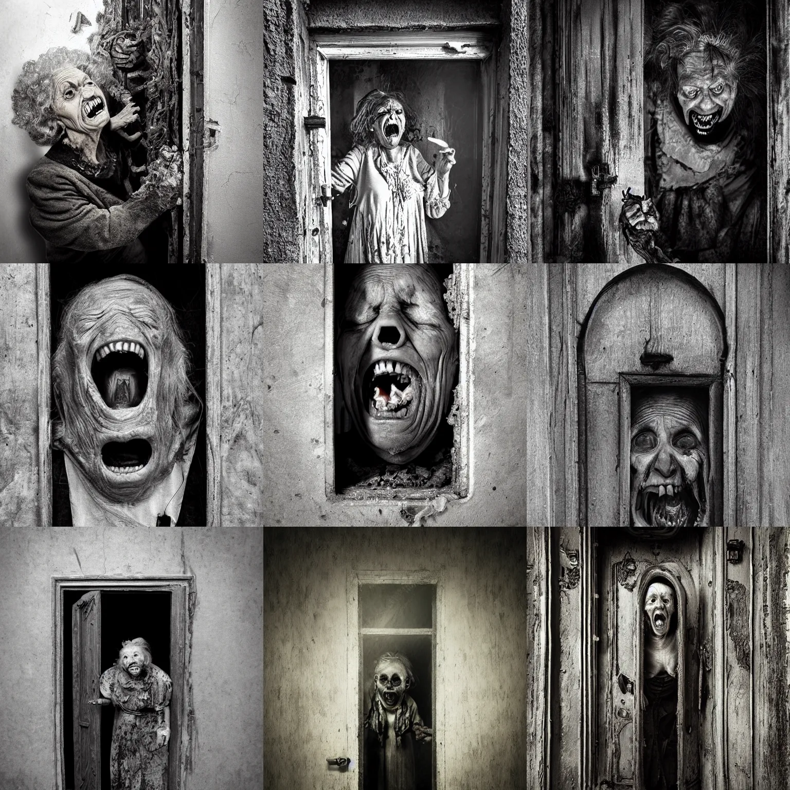 Prompt: portrait of a creepy old lady screaming creeping out of a door, morbid, macabre, dark lighting, highly detailed, decay teeth, black and white gainy film, vignette, matte painting by maxim verehin