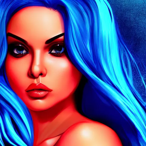 Image similar to portait of haifa wehbe asymmetric face, perfect lips licking tongue, long hair blue centred, hd, very detailed curve, digital painting, unreal engine, final fantasy style, amazing red orange background theme