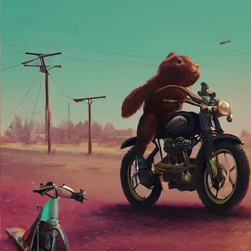 Prompt: bunny wearing a leather jacket riding a motorbike by simon - stalenhag!!!, ultra detailed, 8 k resolution, rule of thirds, dynamic pose, action pose, beautiful landscape