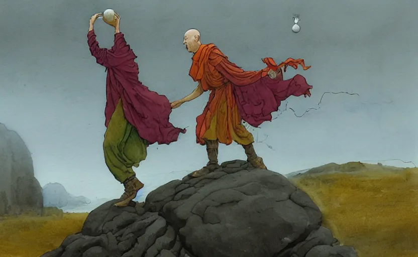 Image similar to a hyperrealist watercolour concept art of a monk and a grey alien levitating a huge rock in the air over his head. it is a misty night on the moors of ireland. by rebecca guay, michael kaluta, charles vess and jean moebius giraud. high detail, hq