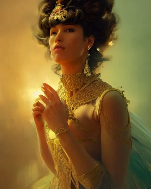 Image similar to Pride as a beautiful latino princess, gorgeous, portrait, powerful, intricate, beautiful, masterpiece, elegant, volumetric lighting, back lighting, rimlight, dramatic lighting, digital painting, highly detailed, artstation, sharp focus, illustration, Artgerm, Jean-Léon Gérôme , ruan jia