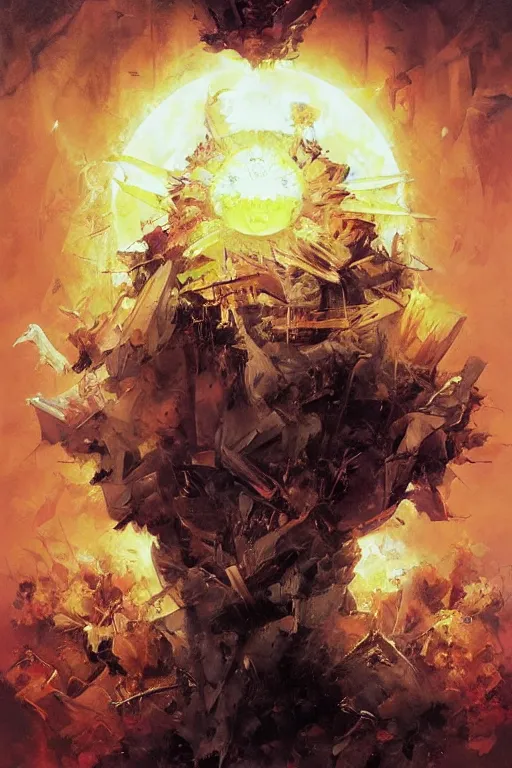 Prompt: we are the gods of the new world order, we are all - seeing, the legion of light! we are the illuminati, the death of the sun, fire and flame, we are one!, by ryohei hase, by john berkey, by jakub rozalski, by john martin