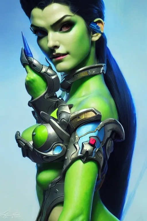 Prompt: painting of widowmaker from overwatch wearing ornate plastic armor, green blue skin color, ultra realistic, sharp details, subsurface scattering, intricate details, warm lighting, beautiful features, highly detailed, photorealistic, octane render, 8 k, unreal engine, art by artgerm and greg rutkowski and alphonse mucha
