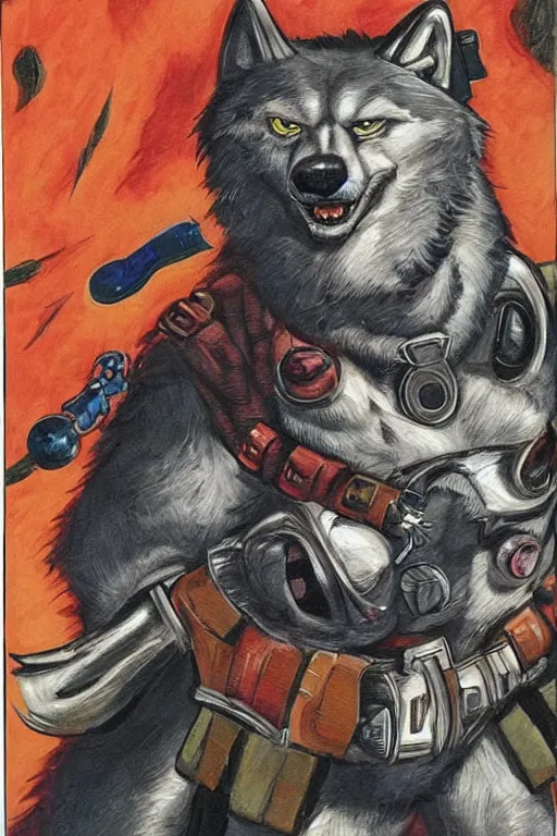 Image similar to beautiful professional art of a portrait an anthropomorphic wolf anthro furry fursona, wearing space mercenary uniform, heroic, 8 0 s comic art by jack kirby