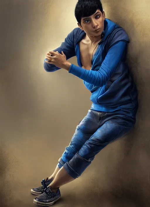 Prompt: young peruvian man with short black hair, male, dressed in blue, looking down, half body shot, arms down, path traced, highly detailed, high quality, digital painting, bastien lecouffe - deharme