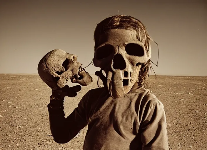 Prompt: child wearing a skull mask, post - apocalyptic desert, holding a sythe, dust and grime, chromogenic medium print