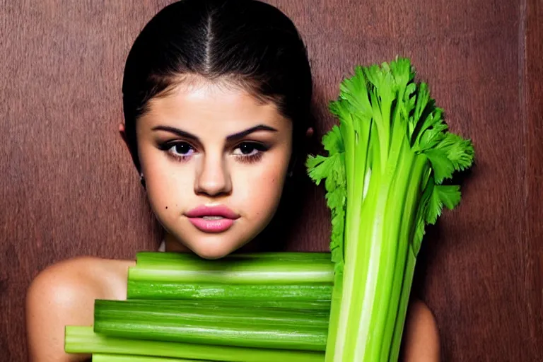 Image similar to selena gomez made out of celery, a human face with celery for hair, celery in the shape of a human face, a bunch of celery sitting on a cutting board, professional food photography