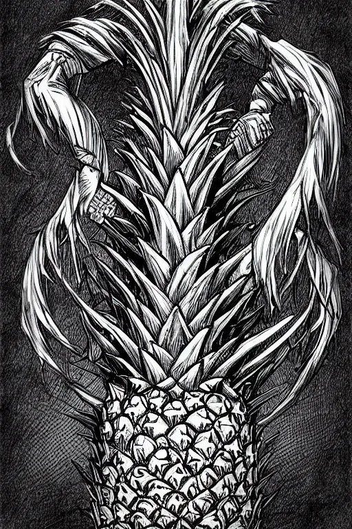 Image similar to pineapple humanoid figure monster, symmetrical, highly detailed, digital art, sharp focus, trending on art station, kentaro miura manga art style