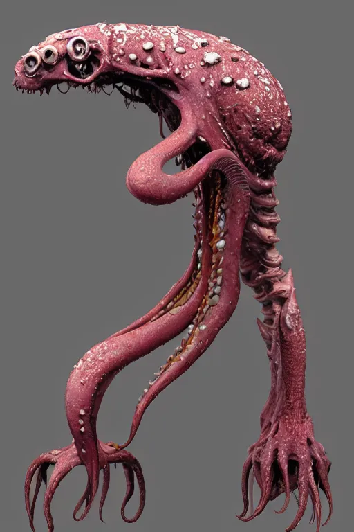 Image similar to a squid monster eating a person, john carpenter, eighties practical horror special effects, cosmic horror, protruding bones, trending on zbrush central, neoplasticism, lovecraftian, zbrush, biomorphic, nightcafe