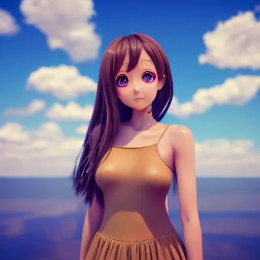 Image similar to Render of a very beautiful 3d anime girl, long hair, hazel eyes, cute freckles, full round face, short smile, cute sundress, golden hour, serene beach setting, medium shot, mid-shot, highly detailed, trending on Artstation, Unreal Engine 4k